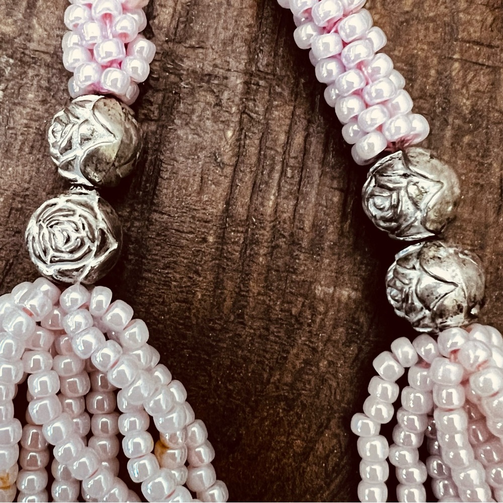 Elegant Pink Pearl Beads Necklace Sash or Belt with Silver Accents